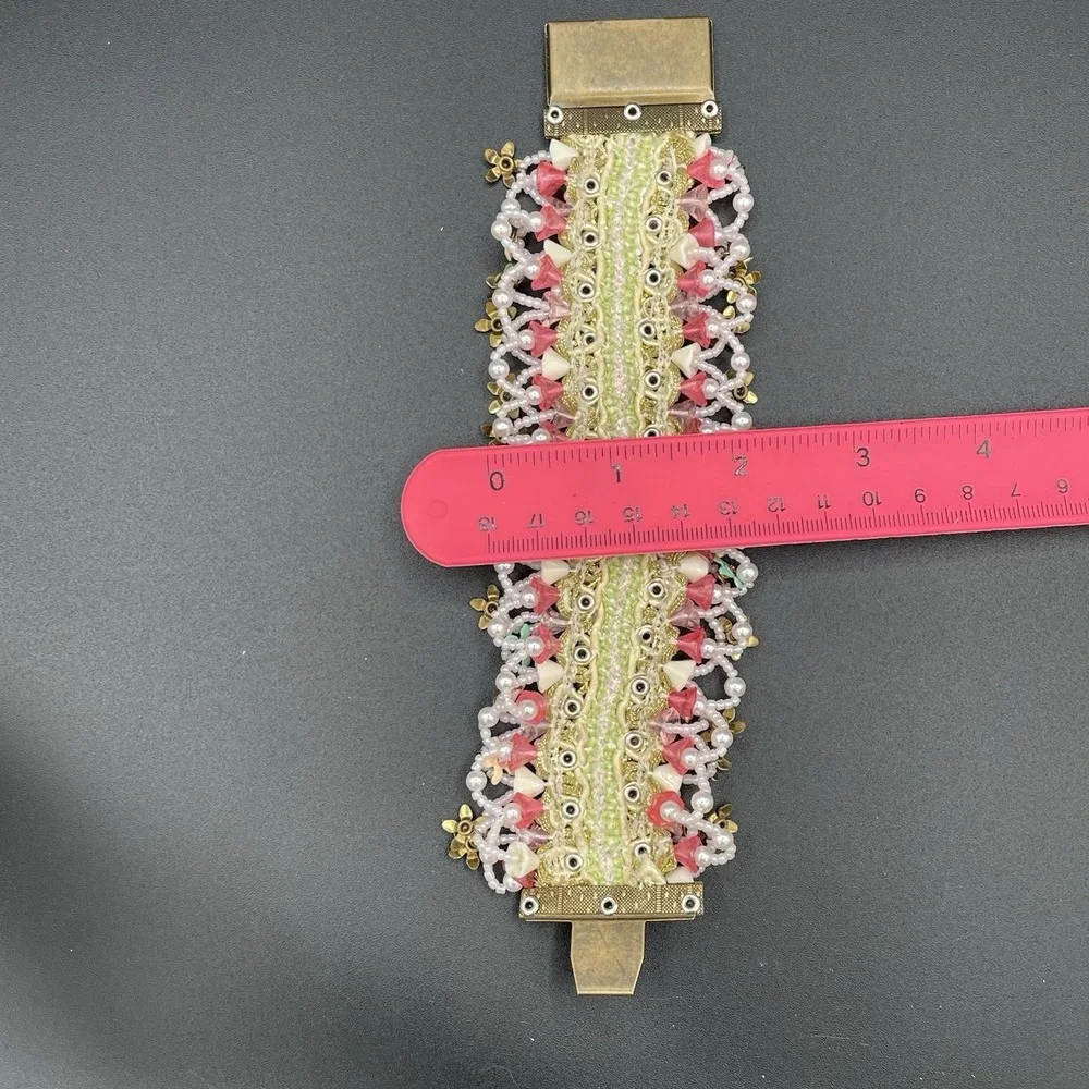 Vintage Israel Victorian Revival Cuff Beaded Floral Bracelet Unsigned 7.5